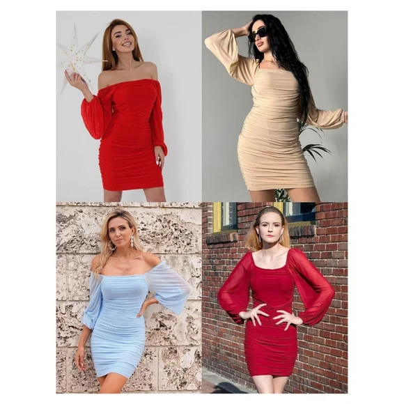 NWT Merokeety Teal Green Blue Mesh Ruched Lanturn Long Sleeve Mini Dress XL - Picture 11 of 16